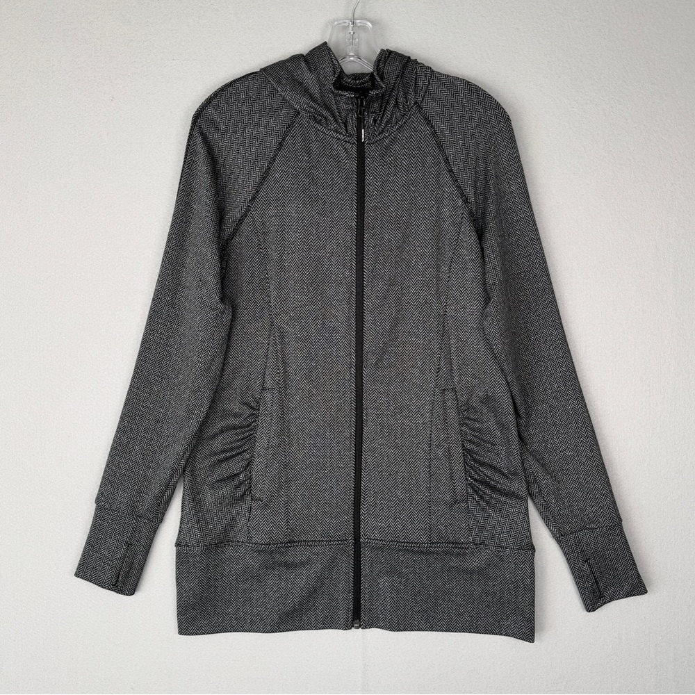 MONDETTA Long Hooded Zip Jacket S‎ Gray Herringbone Thumbholes Pocket Athletic